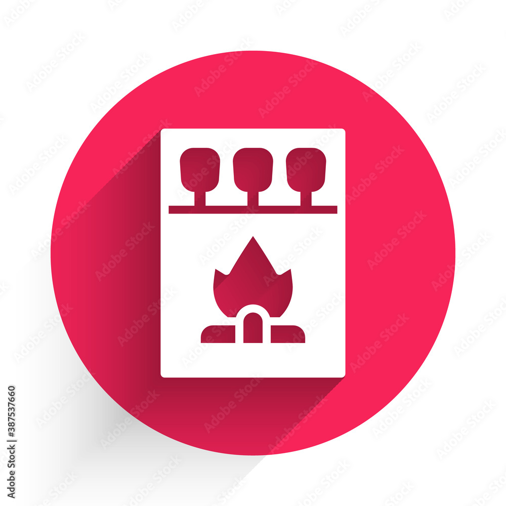 Poster white open matchbox and matches icon isolated with long shadow. red circle button. vector.