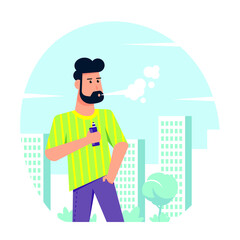 Male Character Enjoying Vape Smoking Outdoor, Flat Style Vector