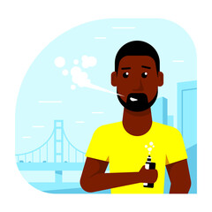 Male Character Enjoying Vape Smoking Outdoor, Flat Style Vector