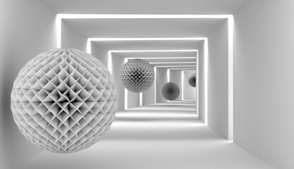 levitating textured balls in a light white corridor. Linear perspective in the interior.