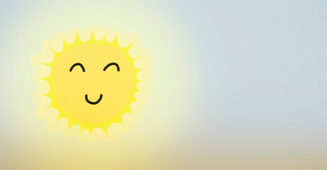A cute nice sun with eyes and mouth (kawaii style illustration), shining on a blue sky. Warm colors. Copyspace on the right.

