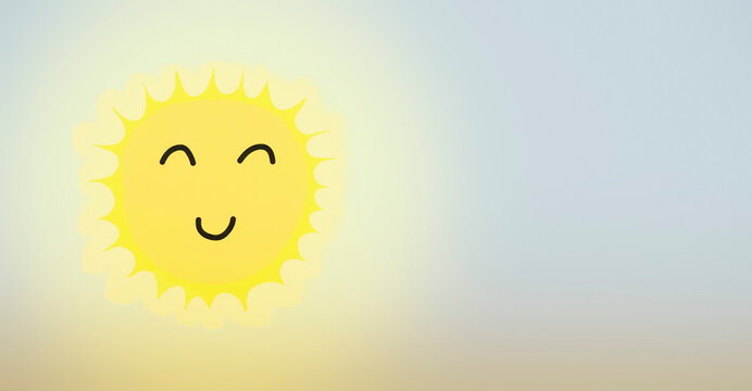 A cute nice sun with eyes and mouth (kawaii style illustration), shining on a blue sky. Warm colors. Copyspace on the right.
