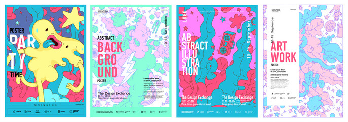 Set of funny posters with cartoon-style backgrounds. Colored painted  in doodle style. Mango and Strawberry. Cute monsters. Vector illustration.  © Molibdenis-Studio