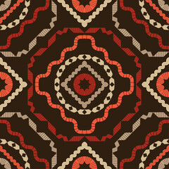 Mosaic with geometric shapes. Seamless pattern. Design with manual hatching. Textile. Ethnic boho ornament. Vector illustration for web design or print.