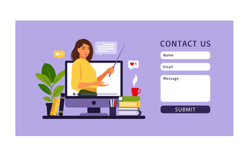 Online learning concept. Online education landing page. Contact us. Teacher at chalkboard, video lesson. Distance study at school. Vector illustration. Flat style.