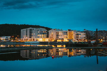 Oslo, Norway. Scenic Night Evening View Of Illuminated Residential Area District Downtown Sorenga