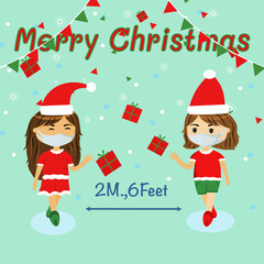 girls greeting for Christmas should be stay keep distance for 2m. and wearing mask for safe from coronavirus.vector illustration