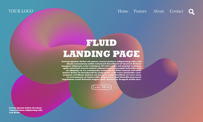 Landing page template with liquid fluid shapes and geometric patterns for business website design. Colorful 3d flow shapes. Liquid wave modern background.