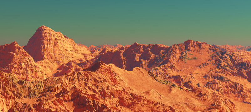 Planet mars landscape, 3d render of imaginary mars planet mountain terrain, science fiction illustration. © Cobalt
