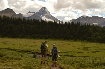 Climbing, hiking and camping at the Mount Assiniboine National Park in the Rocky Mountains between Alberta and British Columbia in Canada