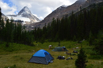 Climbing, hiking and camping at the Mount Assiniboine National Park in the Rocky Mountains between Alberta and British Columbia in Canada