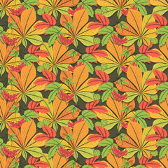Fall. Viburnum. Chestnut. Autumn background. Autumn time. Seamless pattern. Concept template with bright autumn leaves, red berries. Vector illustration