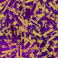 Gold glitter and purple tropical seamless pattern. High quality illustration. Real glitter texture in the shape of tropical palm tree leaves overlayed on a purple blurry background. Seamless design.