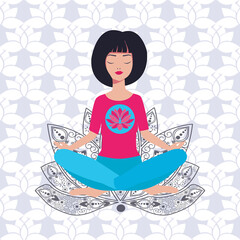 Yoga girl in lotus position and background with lotus