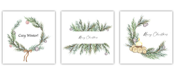 Watercolor illustration. Set of Christmas frames made of fir branches. Watercolor Christmas templates for cards, prints, text.
