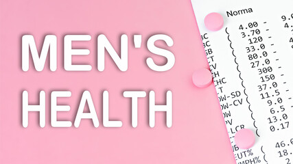 Text MEN'S HEALTH on pink background, medical concept, top view