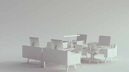 White Small Office 4 Desk Simple Setup  3d illustration 