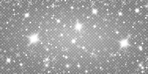 Vector heavy snowfall, snowflakes in different shapes and forms. Many white cold flake elements on transparent background. White snowflakes flying in the air. Snow flakes, snow background.