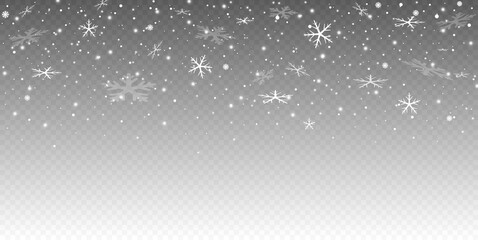 Vector heavy snowfall, snowflakes in different shapes and forms. Many white cold flake elements on transparent background. White snowflakes flying in the air. Snow flakes, snow background.