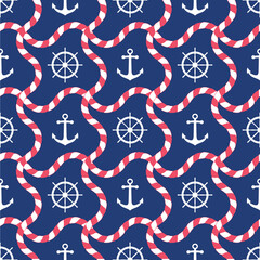 Seamless nautical pattern with anchors and steering wheels. Sea concept backdrop.

