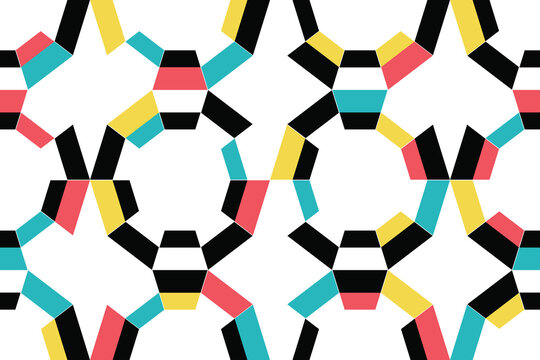 Seamless, abstract background pattern made with colorful trapezoid shapes forming decagons. Modern, trendy, playful and fun vector art in red, blue, yellow and black colors.