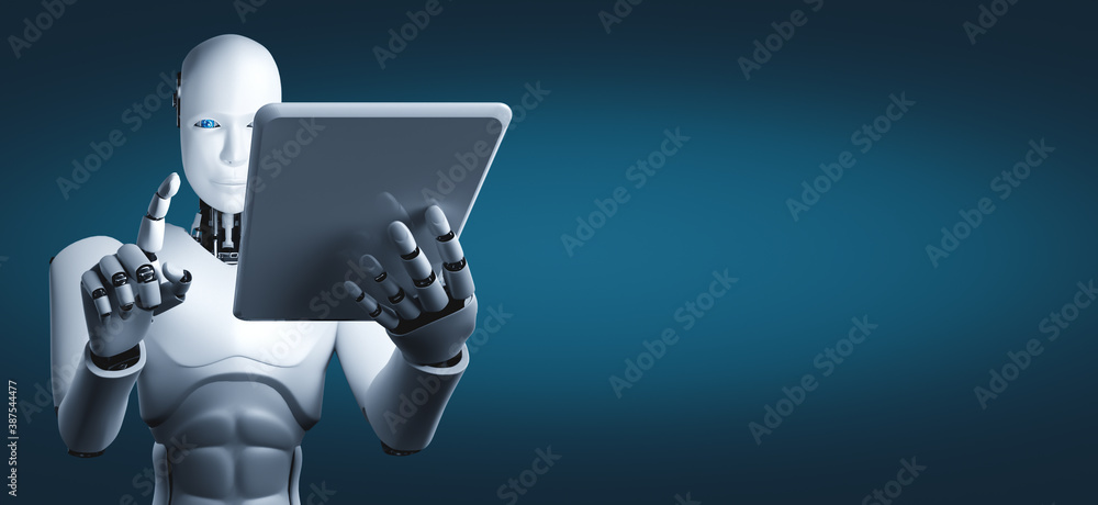 Aufkleber robot humanoid using tablet computer in future office while using ai thinking brain , artificial int