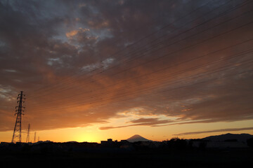 sunset scene, Mt. Fuji and transmission tower and line, Japanese autumn photography