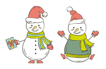 Smiling festive Snowmen with scarfs, Christmas hats, sweater and gloves - Isolated vector illustrations