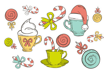Festive Christmas tea coffee cups, lollipops and bows - Colorful holiday Isolated vector illustrations