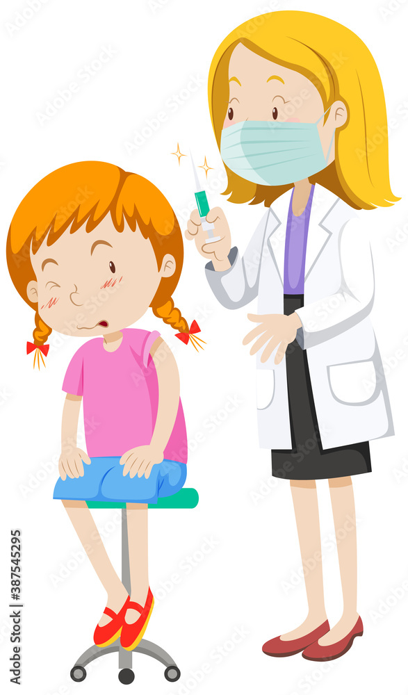 Poster doctor injecting flu vaccine for girl cartoon character