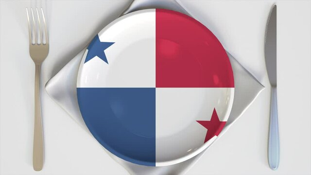 Top-down view of the plate with flag of Panama, national cuisine conceptual animation