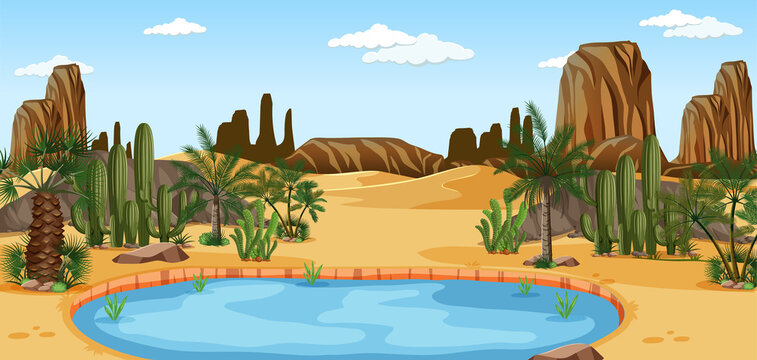 Desert oasis with palms and cactus nature landscape scene Stock Vector |  Adobe Stock