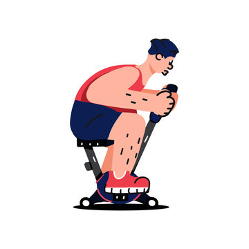 Overweight man doing indoor cycling exercise. Healthy lifestyle, cardio fitness training, weight loss concept. Cartoon hand drawn vector illustration. Male person ridng stationary bike.