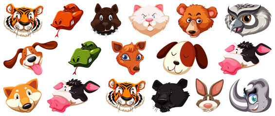 Set of different cute cartoon animals head huge isolated on white background