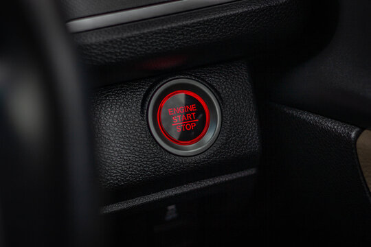 Close up engine car start button. Start stop engine modern new car button,Makes it easy to turn your auto mobile on and off. a key fob unique ,selective focus