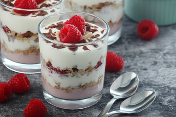 Granola with yogurt trifles with raspberry