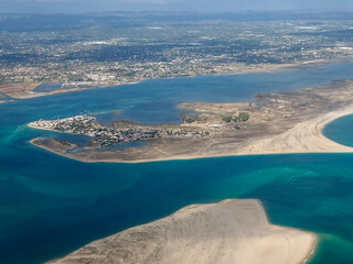 Aerial view of the beautiful Algarve coast in Portugal seen on a flight to Faro