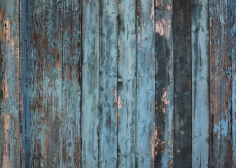 Fragment of old wooden wall cladding of a house in blue with peeling paint. Wooden natural background