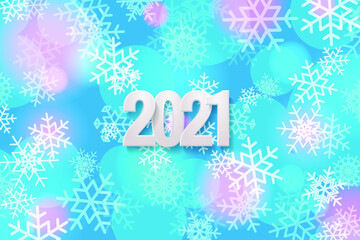 Happy New Year 2021 greeting card. White numbers 2021 on the background with snowflakes. Vector illustration EPS10