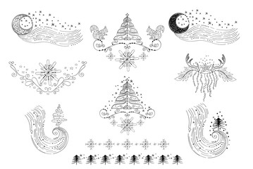 Set of winter linear pre-made design with squirrel, snowflake, Christmas tree, star, moon for decoration. Outline clipart set of winter symbol. Vector set of christmas object for postcard or poster