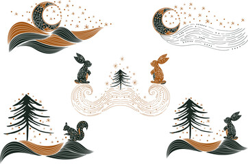 Set of winter pre-made design with squirrel, hare, snow, tree, star, moon for decoration. Seasonally set of winter symbol. Vector clipart,  christmas composition for greeting card, stationery, packing