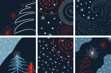 Set of Winter vector background. Template, pre-made modern christmas design. Abstract graphic illustration with tree, shape, snowflake, snowball in red and blue for poster, stationery, postcard