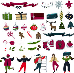 christmas set, holiday decorations, clothes, sweets, seasonal floral elements and dancing people, vector illustration in flat style