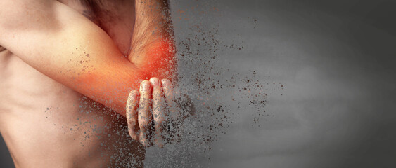 The man is holding hands. Elbow pain