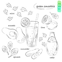 Green smoothie recipe with ingredients line art sketch