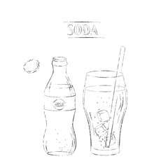 Light sketch drawing of open soda bottle and glass with straw