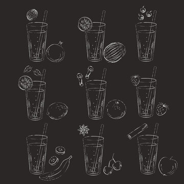 Green smoothie glass and ingredients recipe line art sketch