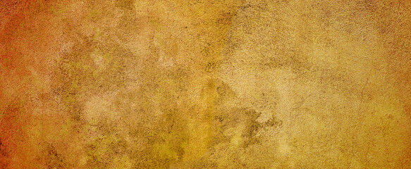 Ancient wall with peeling plaster. Old concrete wall, panoramic with red golden blotches textured...
