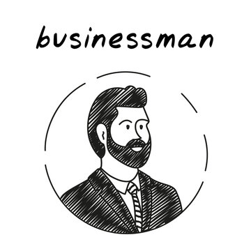 Businessman handdrawn portrait avatar. Cartoon vector clip art of a bearded man in a suit. Black and white sketch portrait of a bisinessman. Profile picture, social media image, account avatar