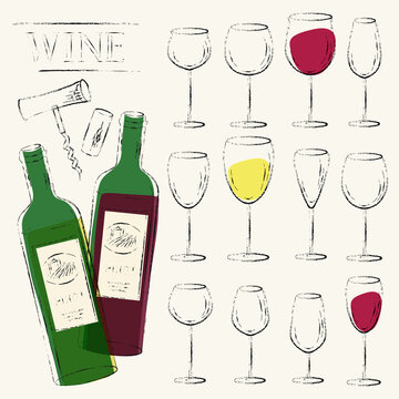 Wine bottles, wine glasses, cork and corkscrew sketch illustration